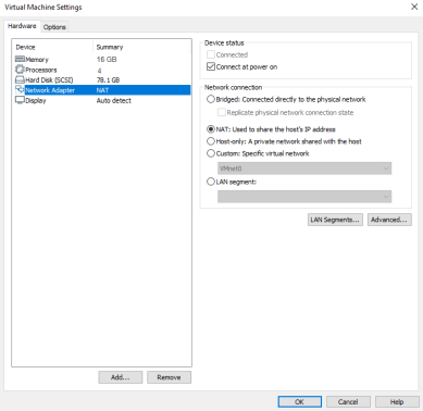 VM settings pop-up with the Hardware tab selected, and the Network Adapter option highlighted. 